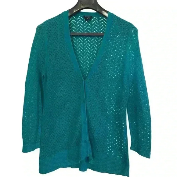 Ann Taylor Sweaters - Ann Taylor Open Knit Crochet Cardigan Size L Teal V neck Lightweight Casual Fall